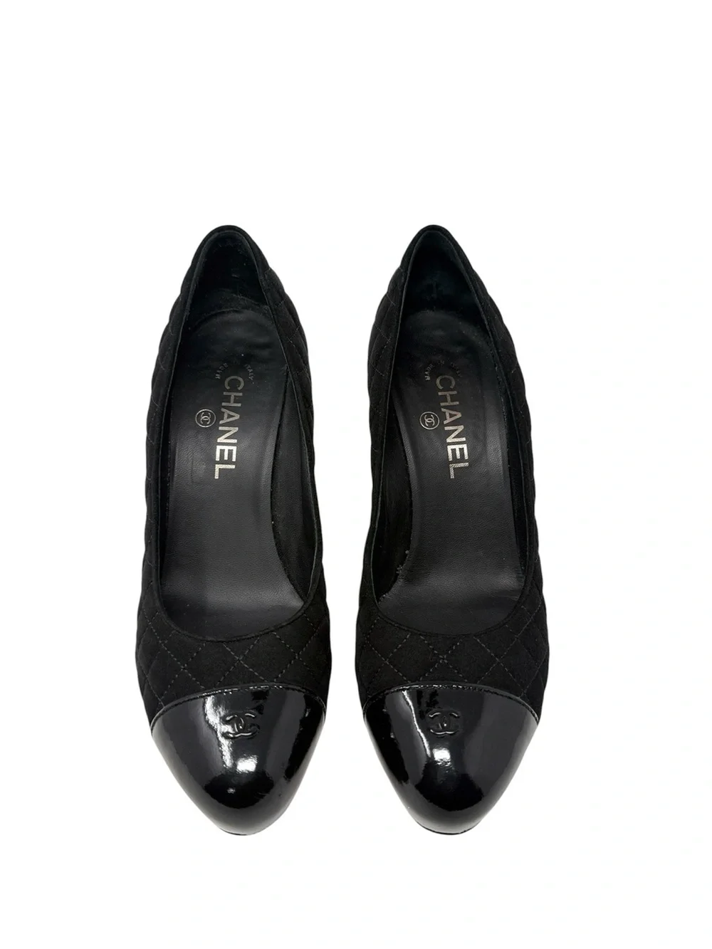 Chanel Quilted CC Cap Toe Black Suede Pumps Size 39.5